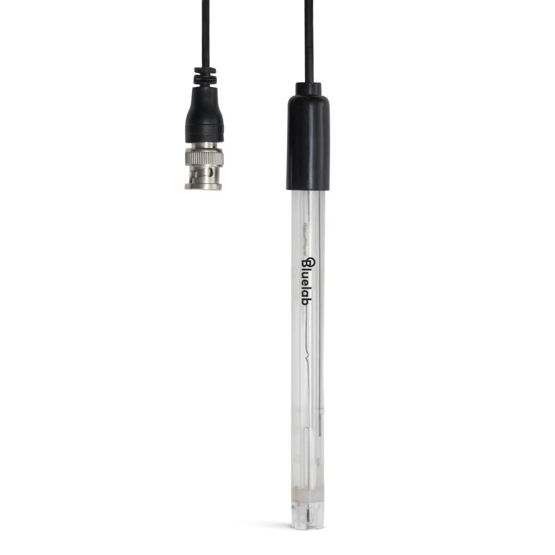 A Bluelab pH probe with a BNC connector and a black cap, against a black background.