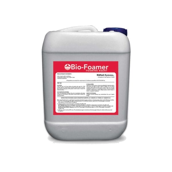 A white 5-gallon jug of Bio-Foamer foaming agent with a red label.