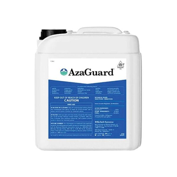 White plastic jug of AzaGuard botanical insecticide/nematicide, with a blue label showing warnings and product information.
