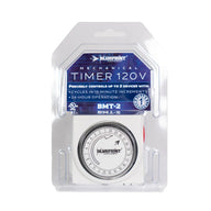BluePrint BMT-2 120V mechanical timer in retail packaging. Features 24-hour operation, 15-minute increments.
