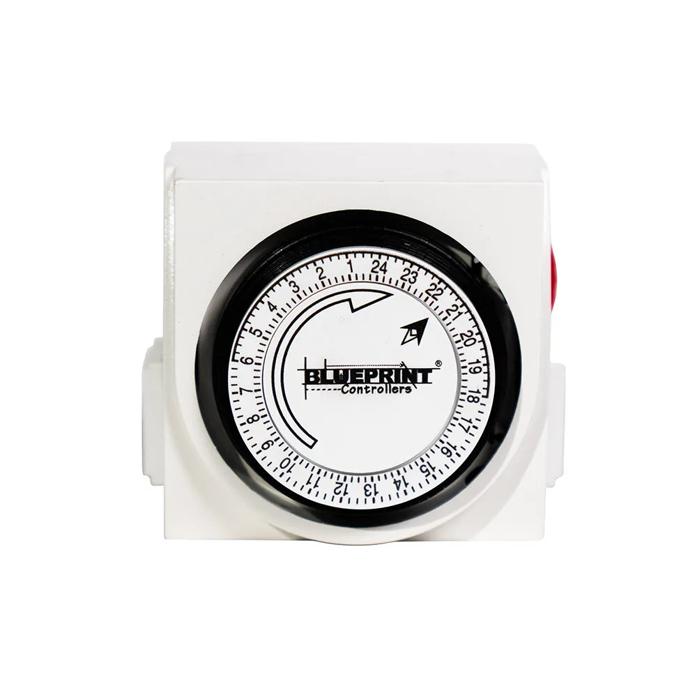 White Blueprint BMT-2 120V mechanical timer with a 24-hour dial and switch.