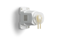 White peristaltic pump with clear casing and two tubes against a black and white background.