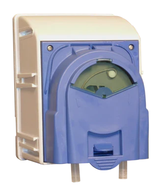 Blue and white peristaltic pump with clear tubing attached.