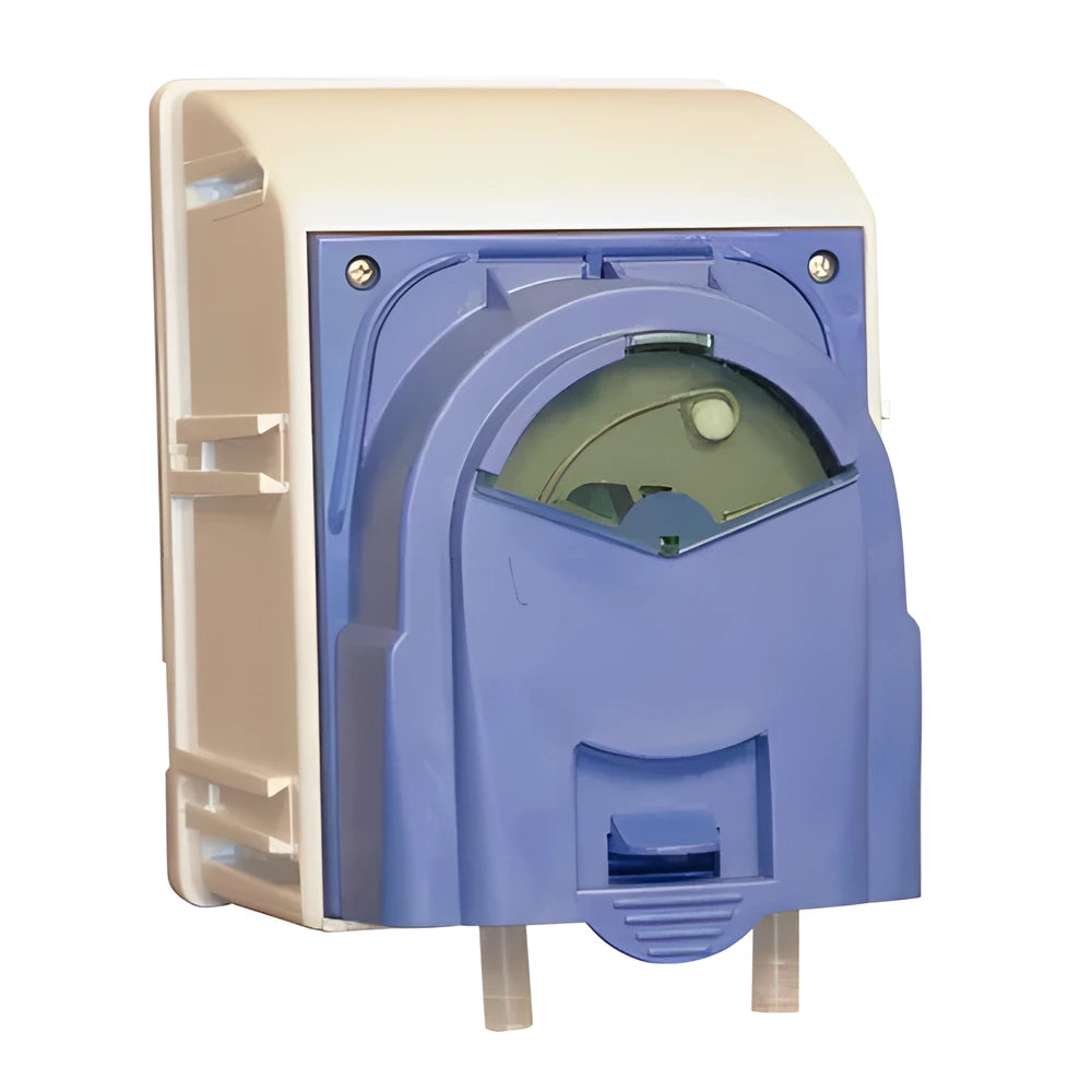 Blue and white peristaltic pump with clear tubing attached.