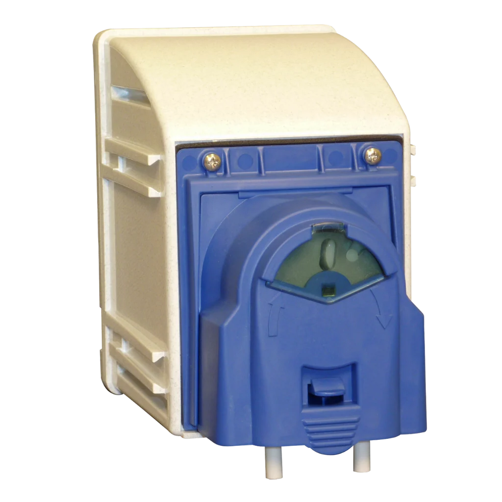 Bluelab IntelliDose 450ml peristaltic dosing pump with blue and white casing and clear display window.