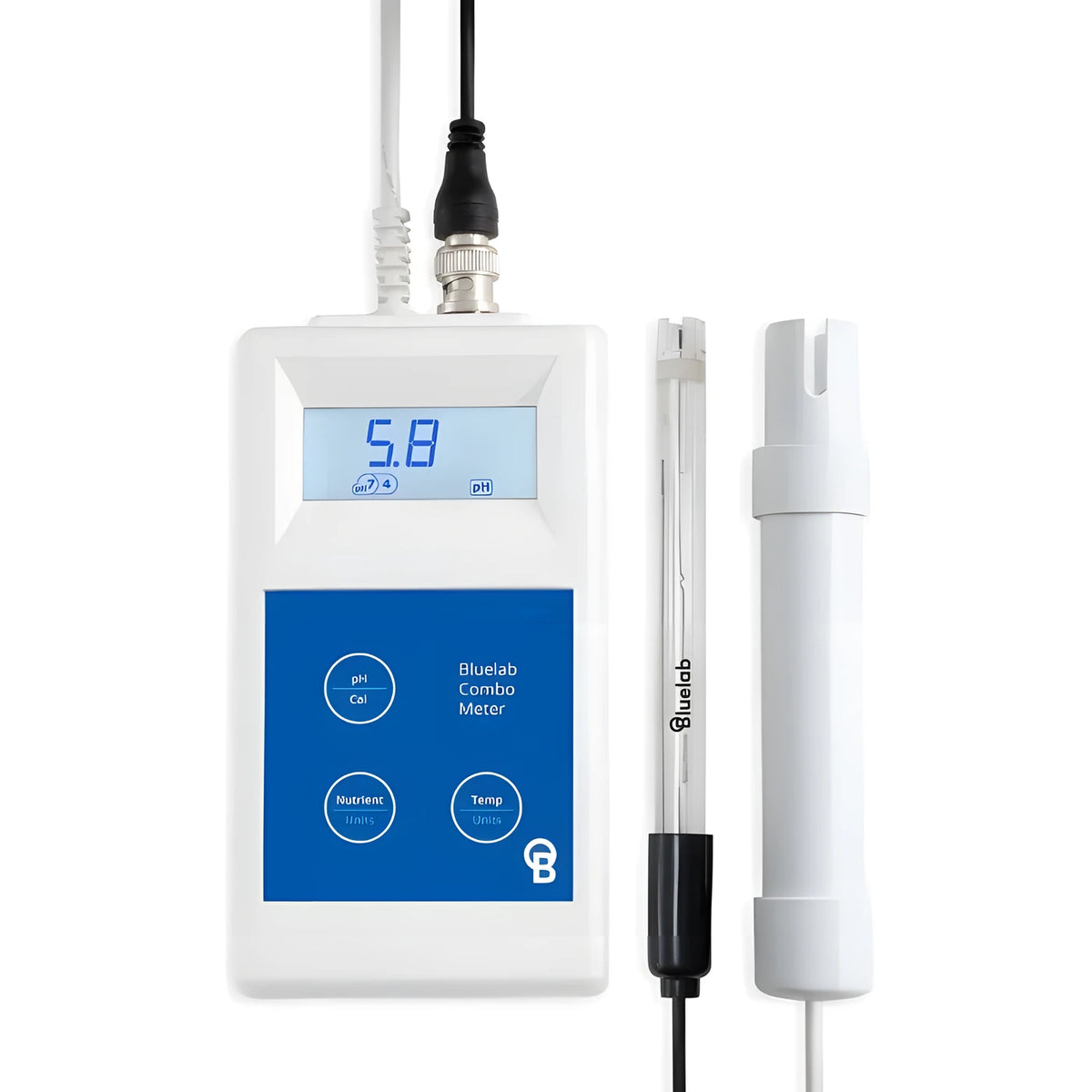 White Bluelab Combo Meter with digital display, two probes, and blue buttons.