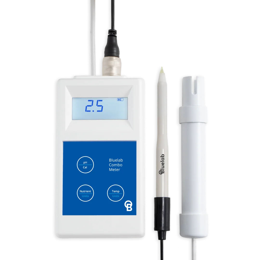 Bluelab Combo Meter Plus: digital screen showing 2.5 EC, pH/cal, nutrient, temp buttons, and probes.