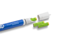 Blue Truncheon Commercial nutrient meter with batteries and cap, isolated on black.