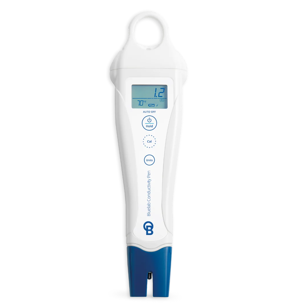Bluelab Conductivity Pen with digital display showing 1.2 EC and 70°F, blue tip.