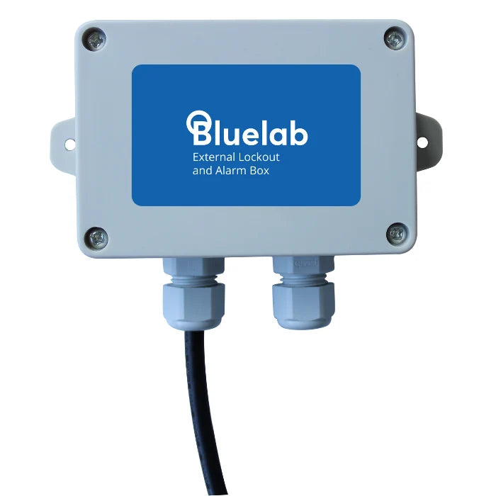 Bluelab external lockout and alarm box with two cable glands and one black cable exiting.