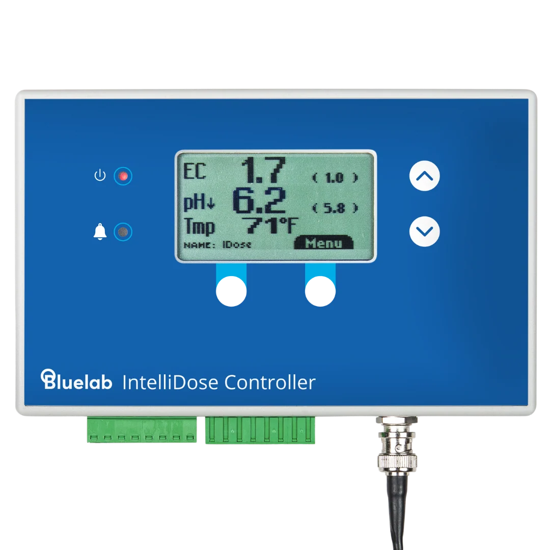 Bluelab IntelliDose Controller with digital display showing EC, pH, and temperature readings.