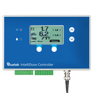 Bluelab IntelliDose Controller with digital display showing EC, pH, and temperature readings.
