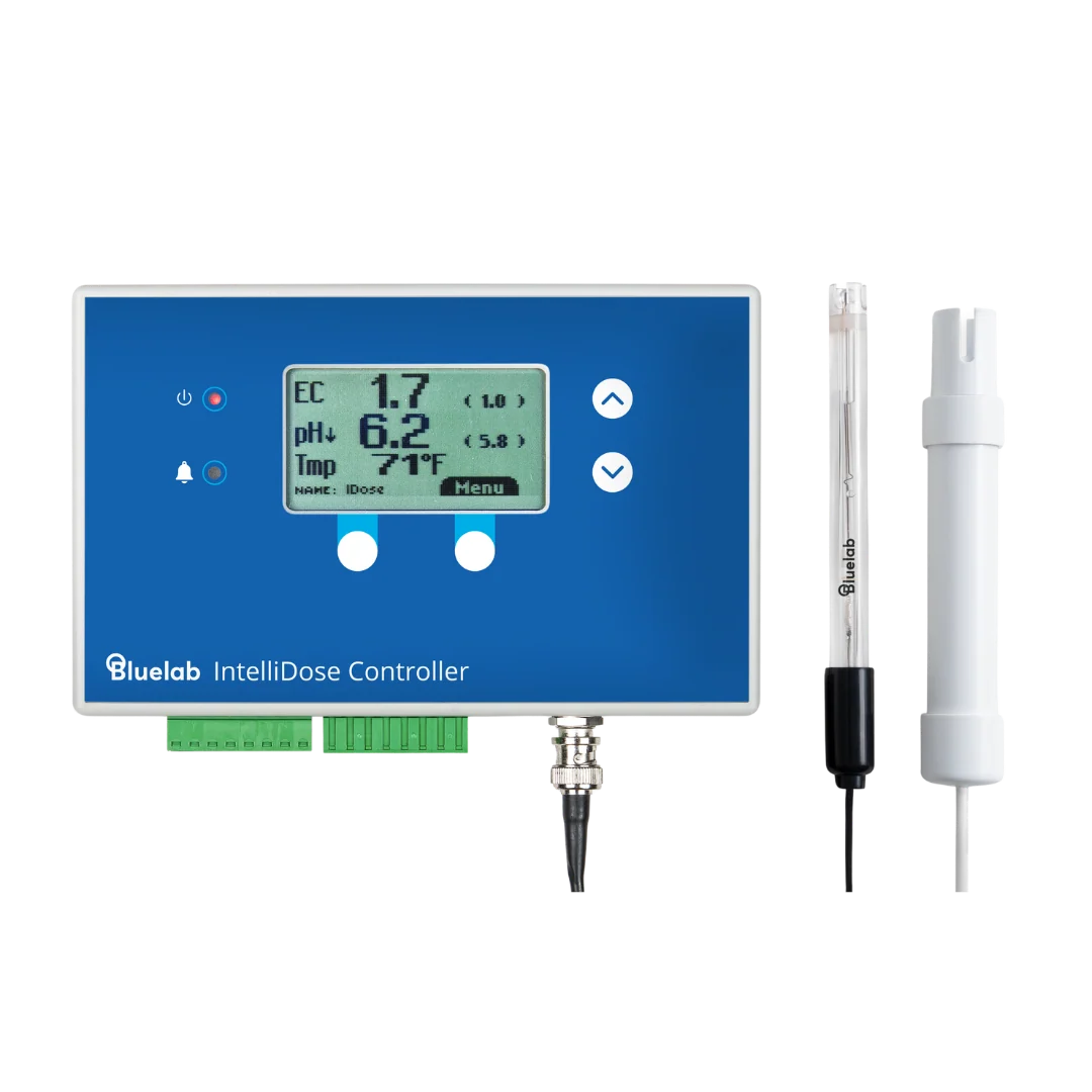 Bluelab IntelliDose Controller kit: blue unit with display, two probes, and green terminal block.