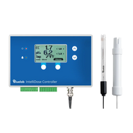 Bluelab IntelliDose Controller kit: blue unit with display, two probes, and green terminal block.
