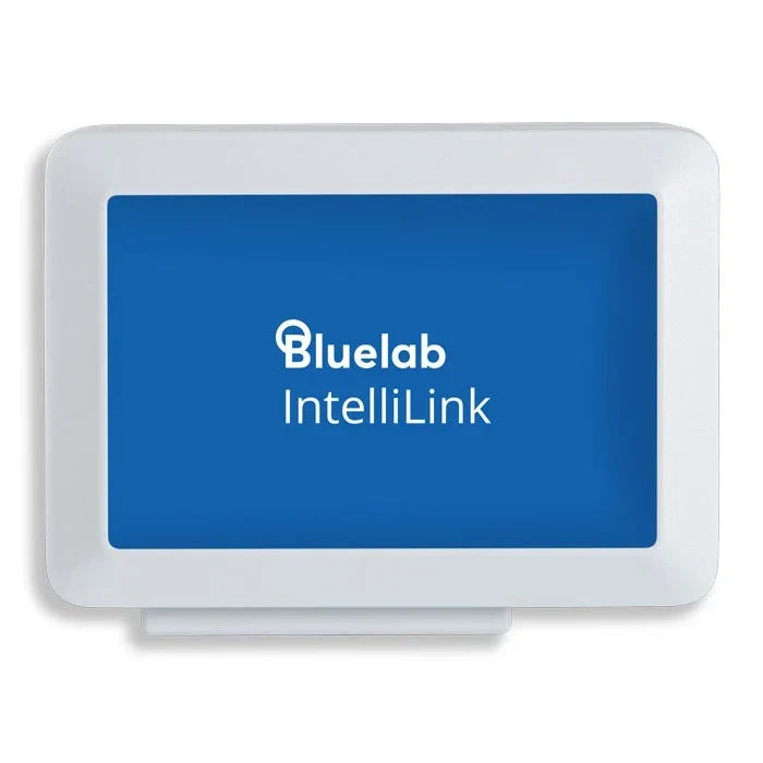 White Bluelab IntelliLink device with blue screen displaying white text.