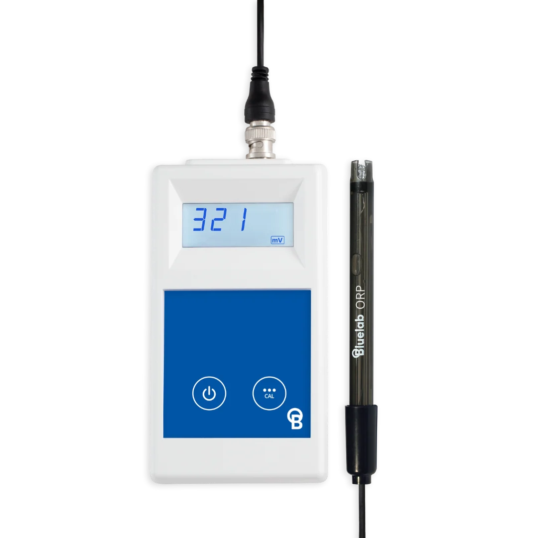 Bluelab ORP meter with a digital display showing "321 mV" and a probe.