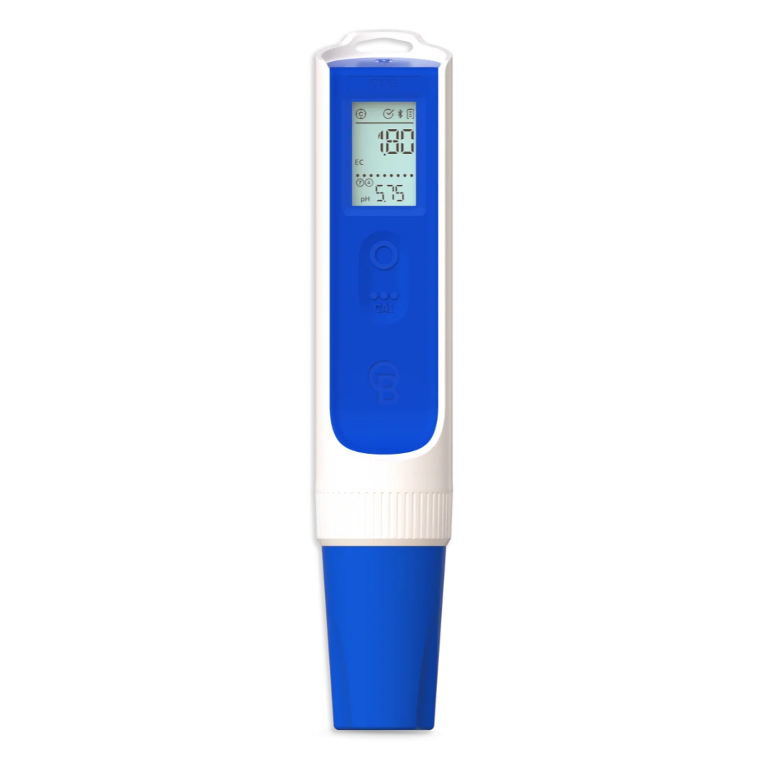 Blue and white digital pH and EC meter with a black background.