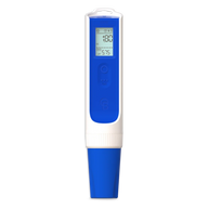 Blue and white digital pH and EC meter with a black background.