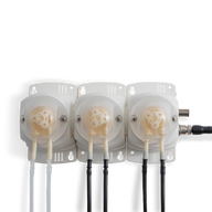 Bluelab PeriPod M3 three-head peristaltic dosing pump with clear and black tubing attached.
