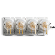 Four white Bluelab PeriPod M4 peristaltic dosing pumps with clear covers and beige tubing, mounted on a dark background.