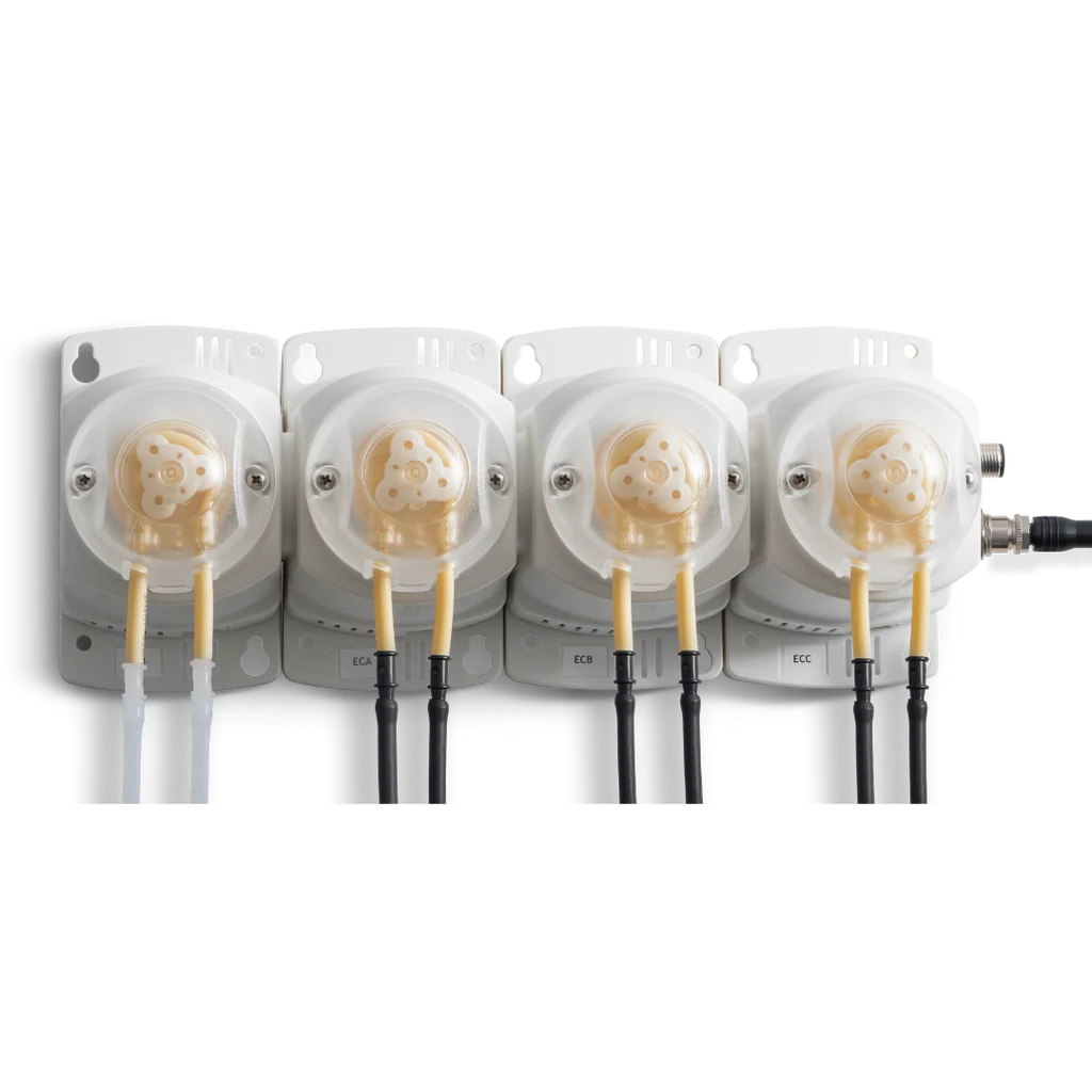 Bluelab PeriPod M4 four-head peristaltic dosing pump with clear tubes and white housing.