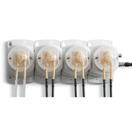 Bluelab PeriPod M4 four-head peristaltic dosing pump with clear tubes and white housing.