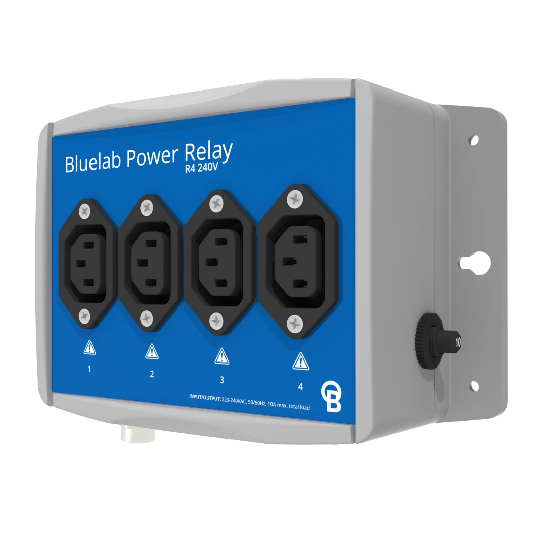 Bluelab Power Relay R4 240V with four outlets and a rotary dial on the side.
