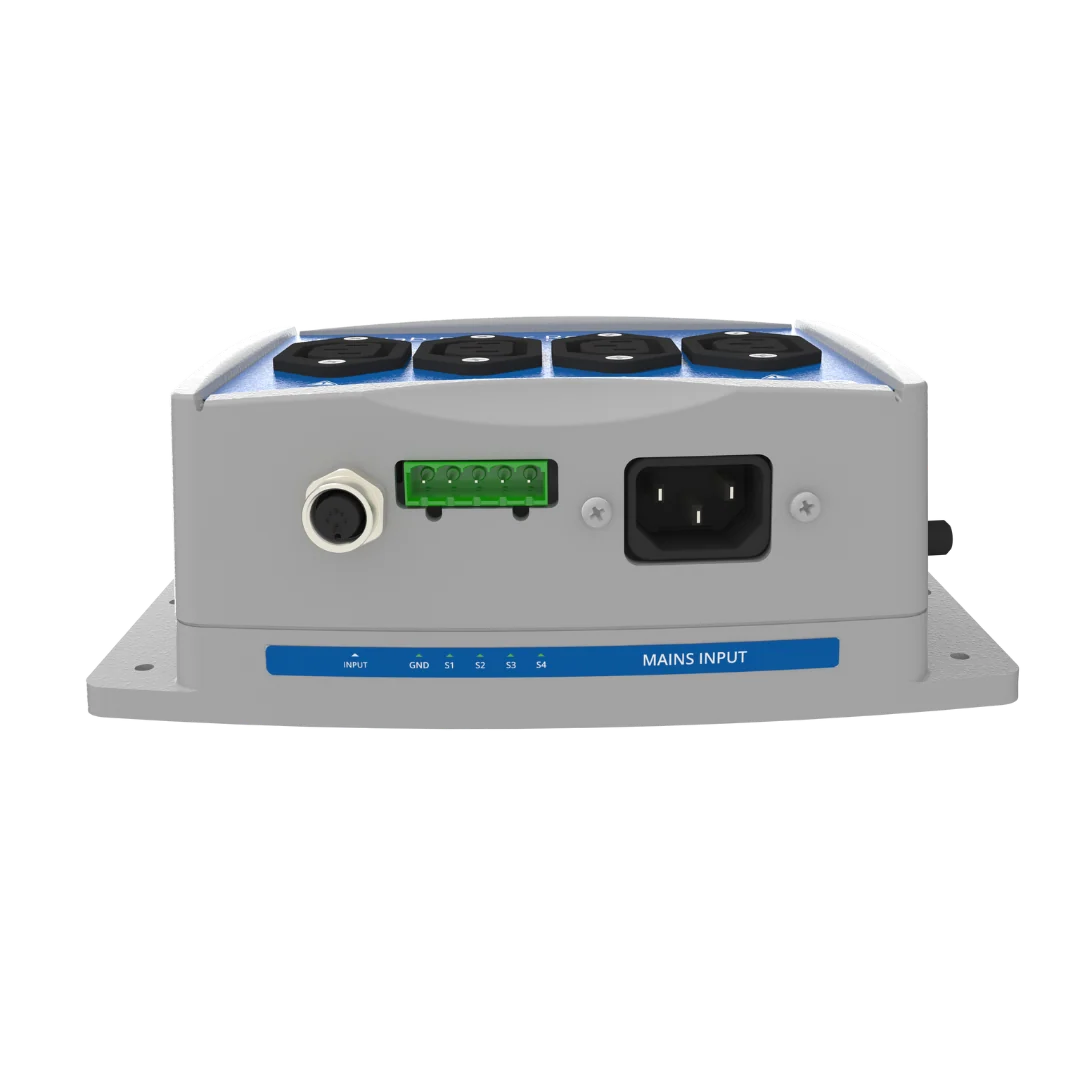 The Bluelab Power Relay R4 has four outlets, a mains input socket, and a terminal block.