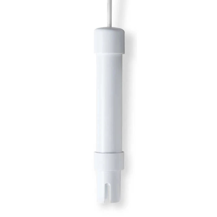 White conductivity probe with a cable extending from the top and a slit at the bottom.