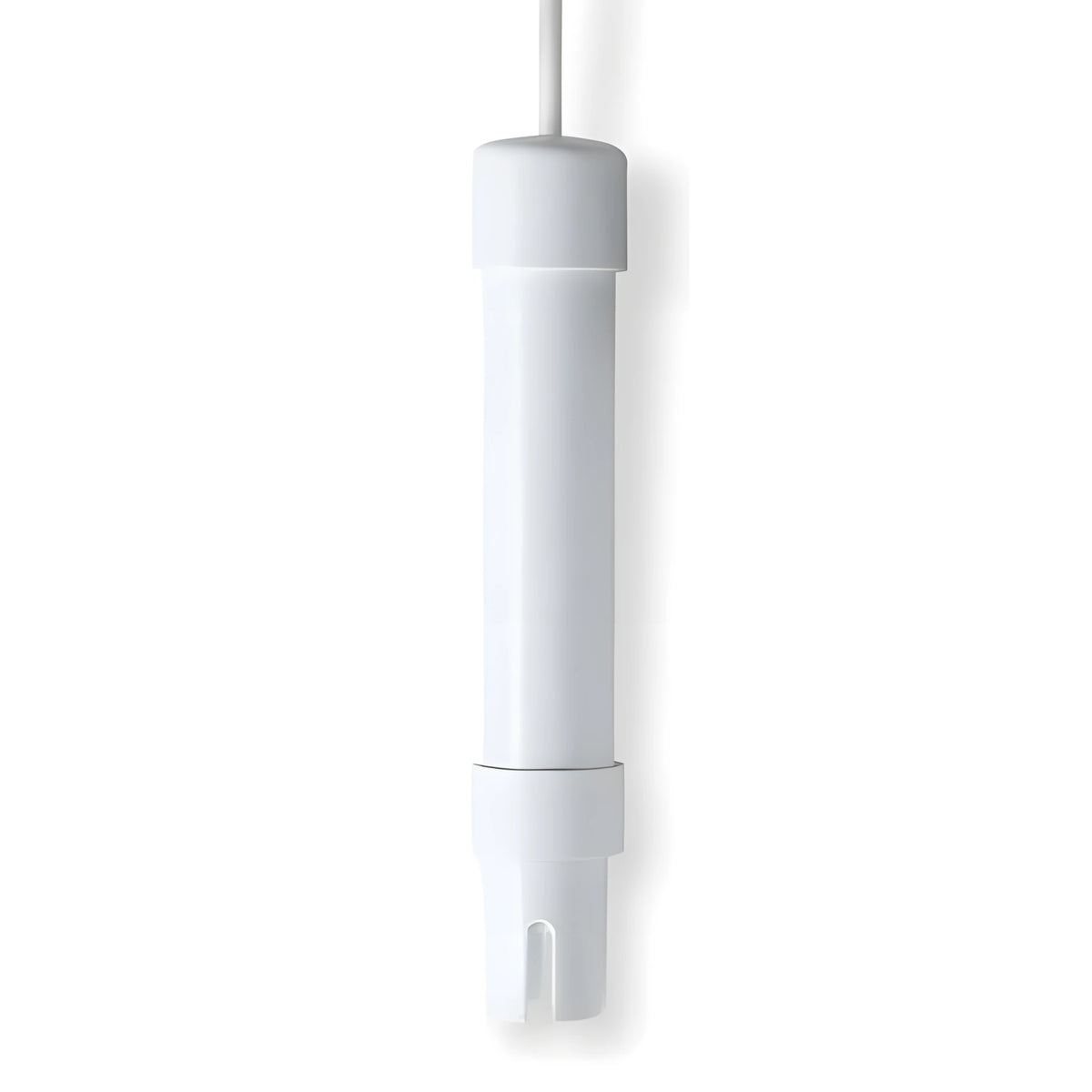 White conductivity probe with a cable extending from the top and a slit at the bottom.