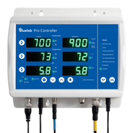 Bluelab Pro Controller with large green digital displays for conductivity, temperature, and pH.