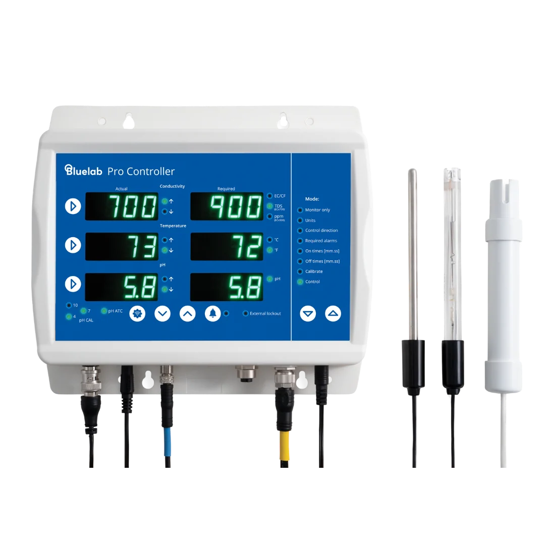 Bluelab Pro Controller Wi-Fi with connected pH and conductivity probes.