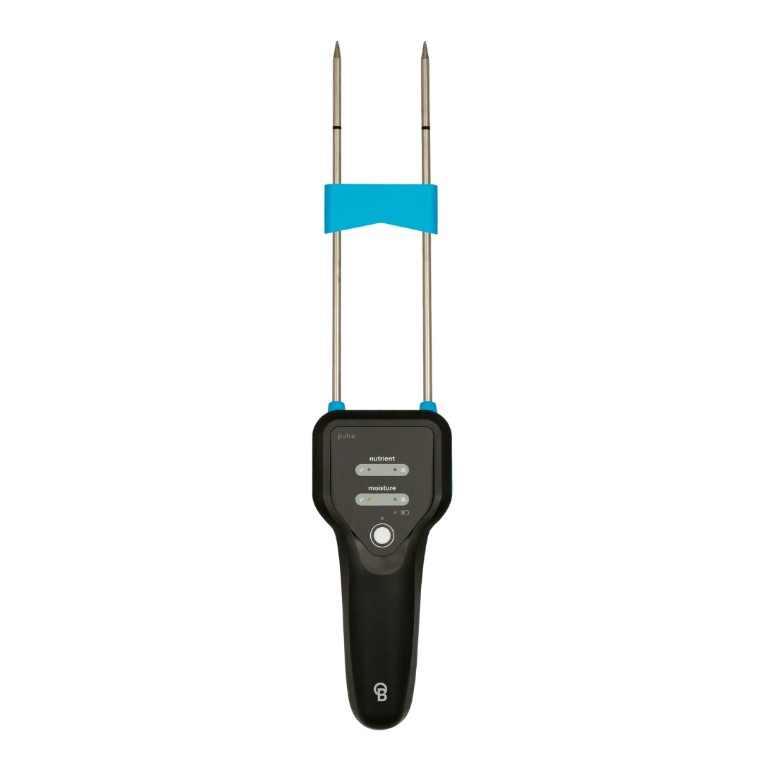 Bluelab Pulse EC-MC meter with twin metal probes and digital display for nutrient and moisture levels.