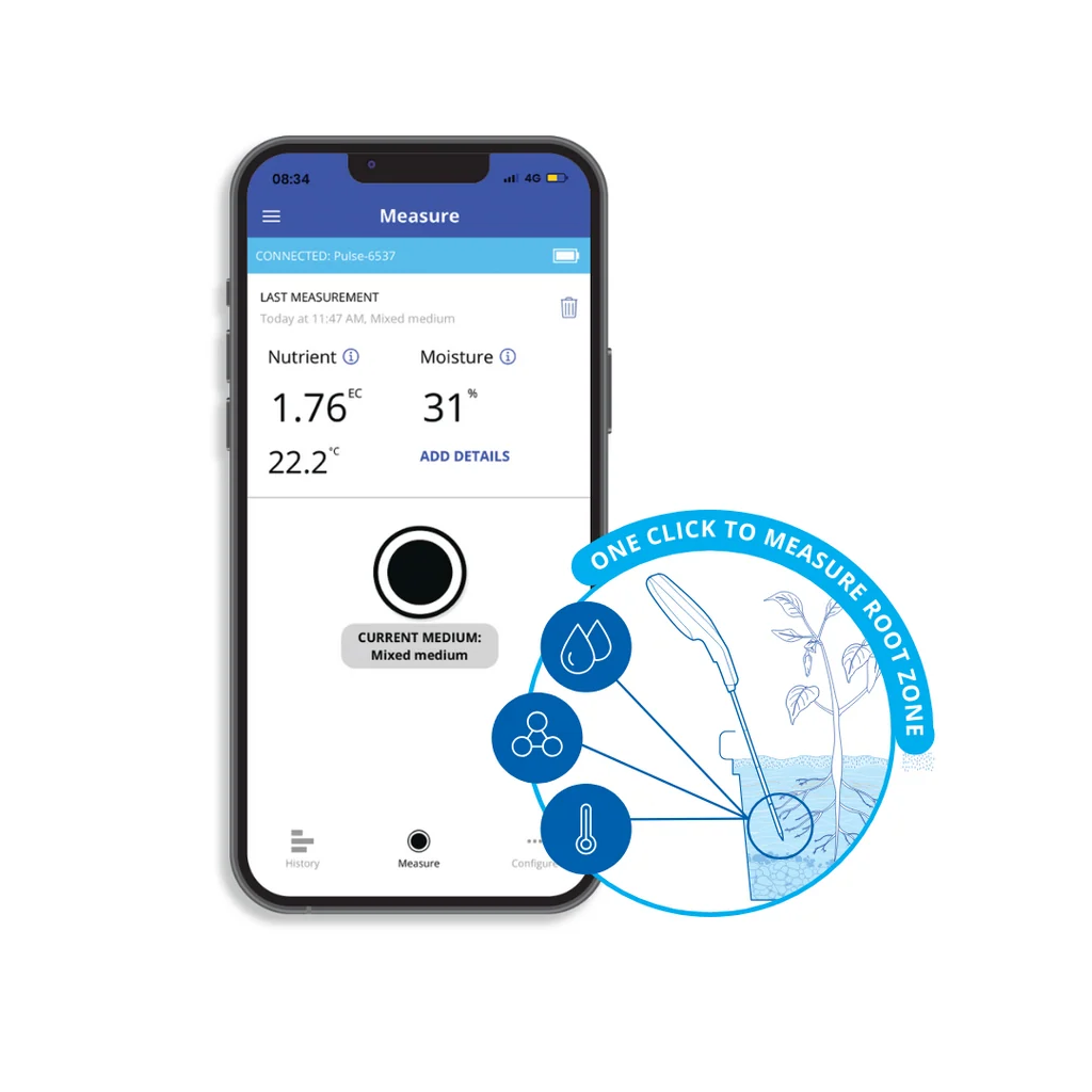 Bluelab Pulse meter app displays EC 1.76, moisture 31%, and temperature 22.2°C.