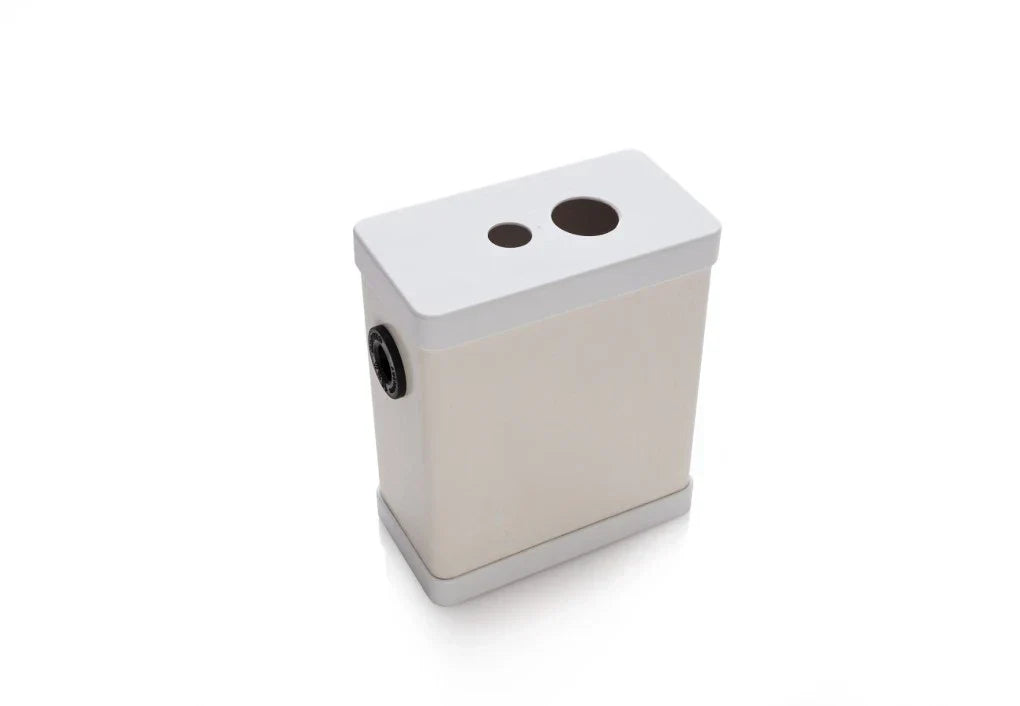 Bluelab Sample Pot Kit: A cream-colored pot with a white lid, featuring two holes on top and a black circular fitting on the side.