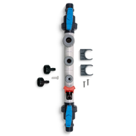 Vertical pipe fitting with blue valves, various ports, and accessories, against a black background.