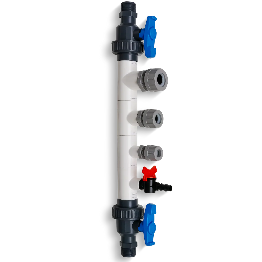 PVC manifold with multiple ports, blue and red valves, and barbed fittings.