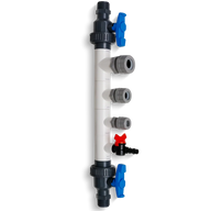 PVC manifold with multiple ports, blue and red valves, and barbed fittings.