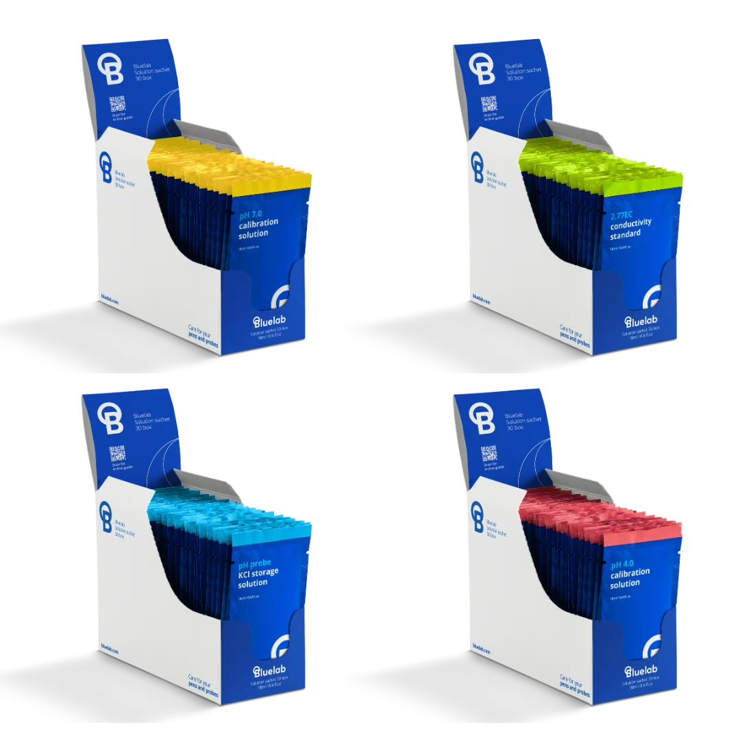 Bluelab calibration and storage solutions: pH 7.0, 2.77EC, KCl, and pH 4.0 sachets in display boxes.