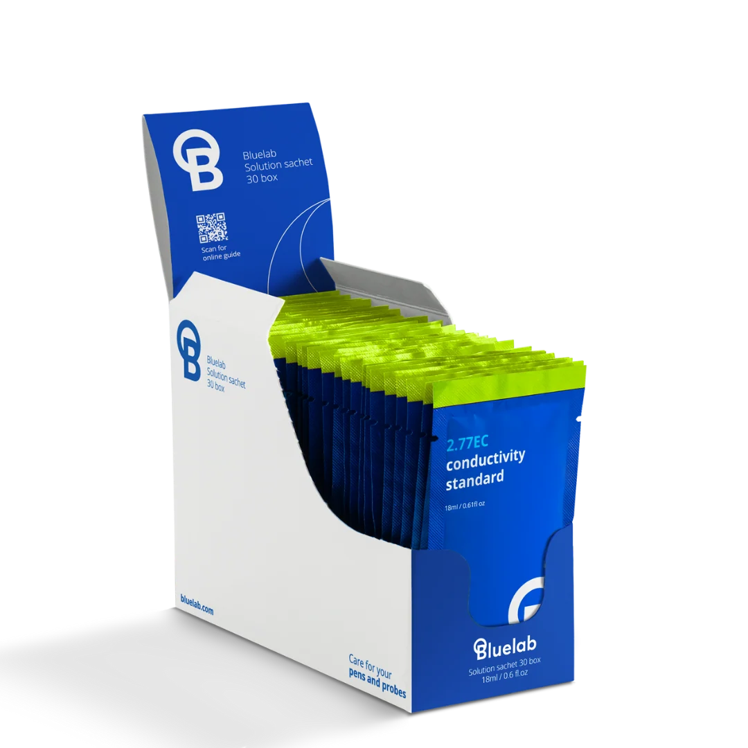 Bluelab conductivity standard solution sachets in a blue and white display box.