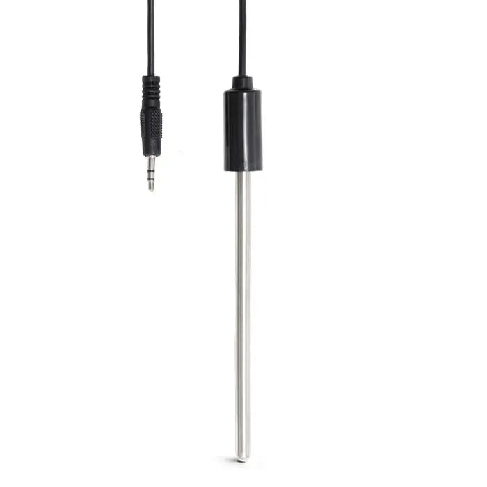 Bluelab temperature probe with black connector and silver metal rod against white background.