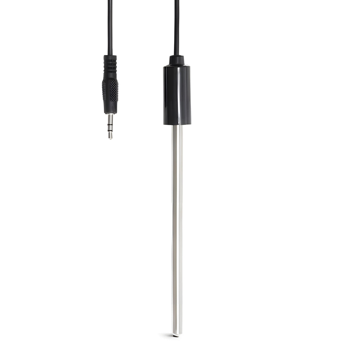 Bluelab temperature probe with black connector and silver metal rod against white background.