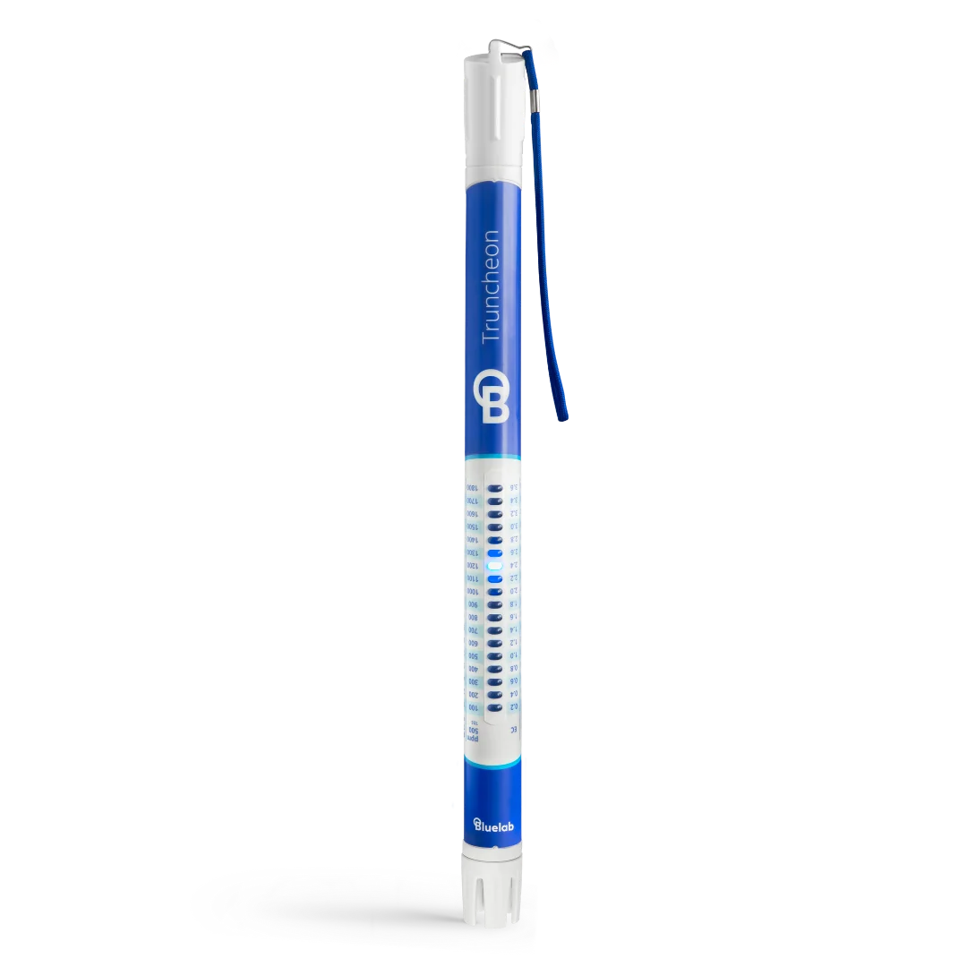 Bluelab Truncheon nutrient meter with blue and white branding and a measurement scale.