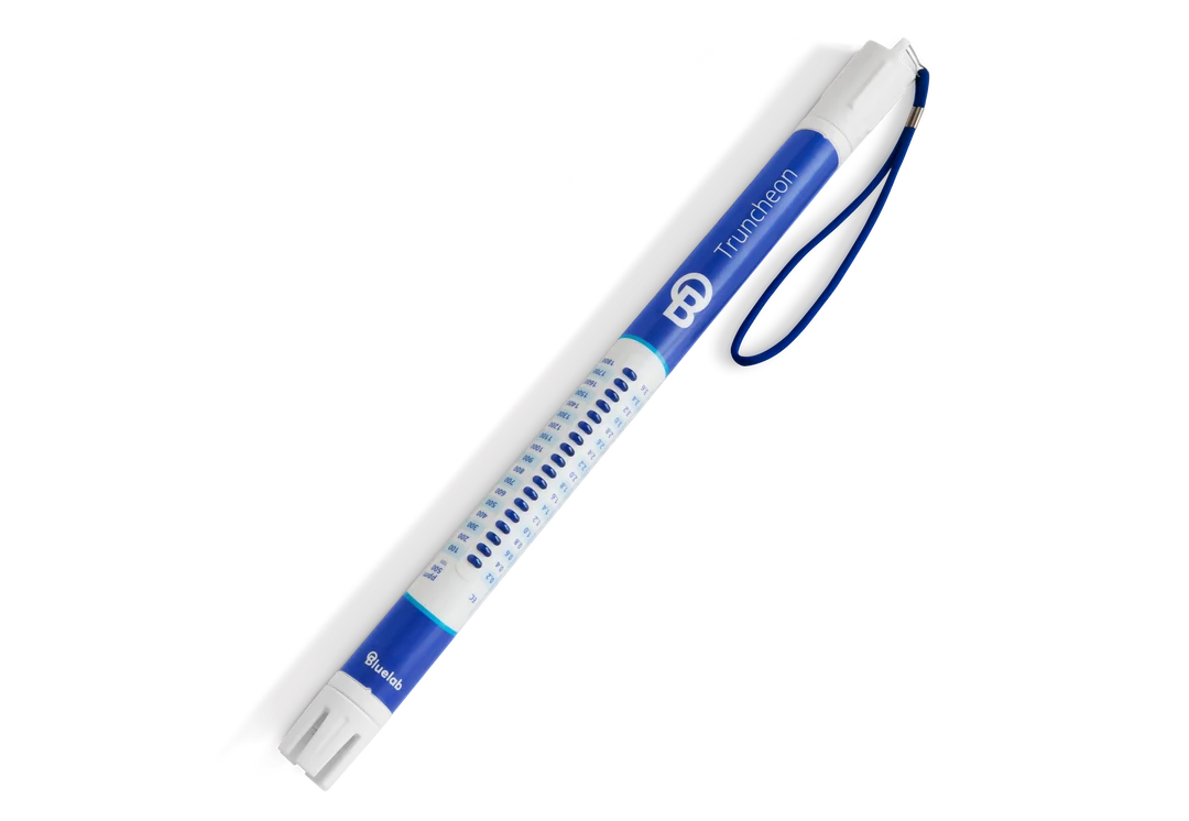 Bluelab Truncheon nutrient meter on a black background, with blue markings and lanyard.