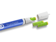 A blue Truncheon meter with the cap and two batteries.