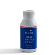 Bluelab pH 4.0 calibration solution bottle with white cap, blue label, and red accent.