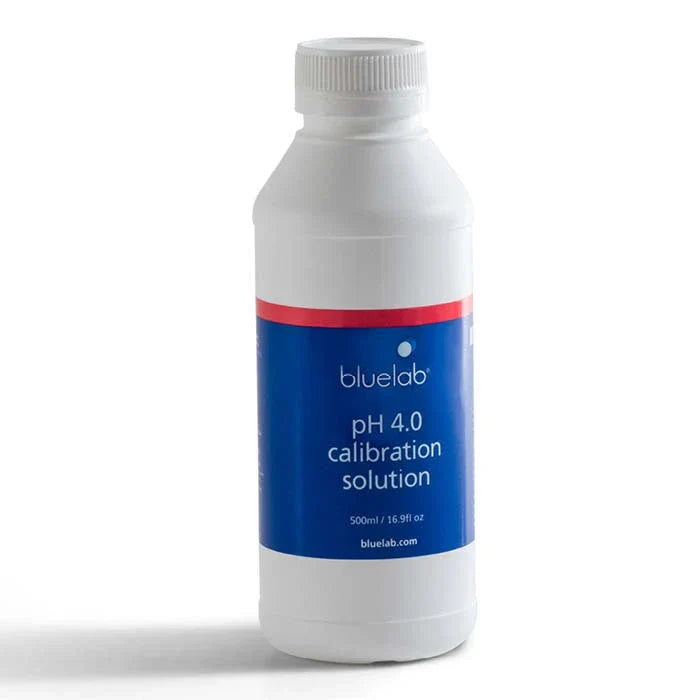 Bluelab pH 4 calibration solution bottle with white cap, blue label, and red stripe.