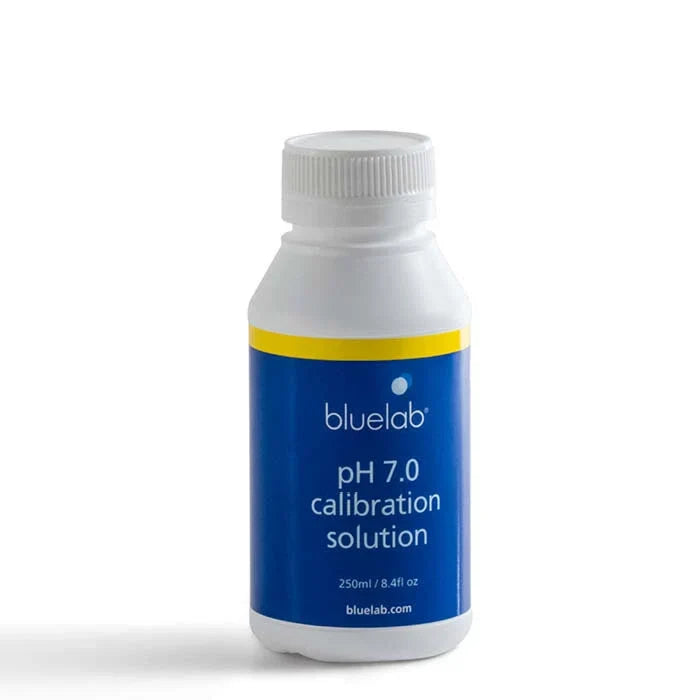 Bluelab pH 7 calibration solution in a white bottle with a blue and yellow label, 250ml.