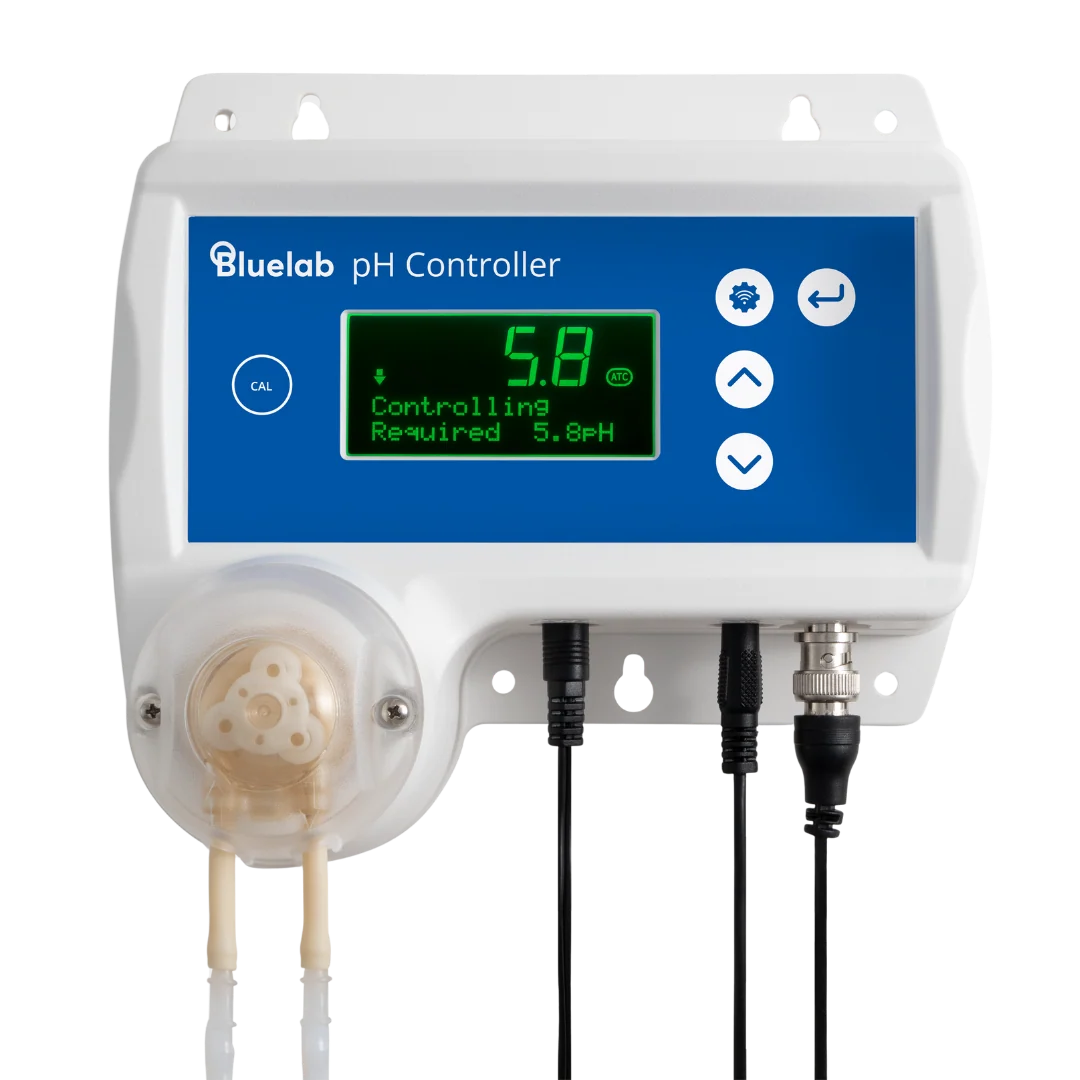 Bluelab pH Controller with Wi-Fi, display showing 5.8 pH, pump, and cables.