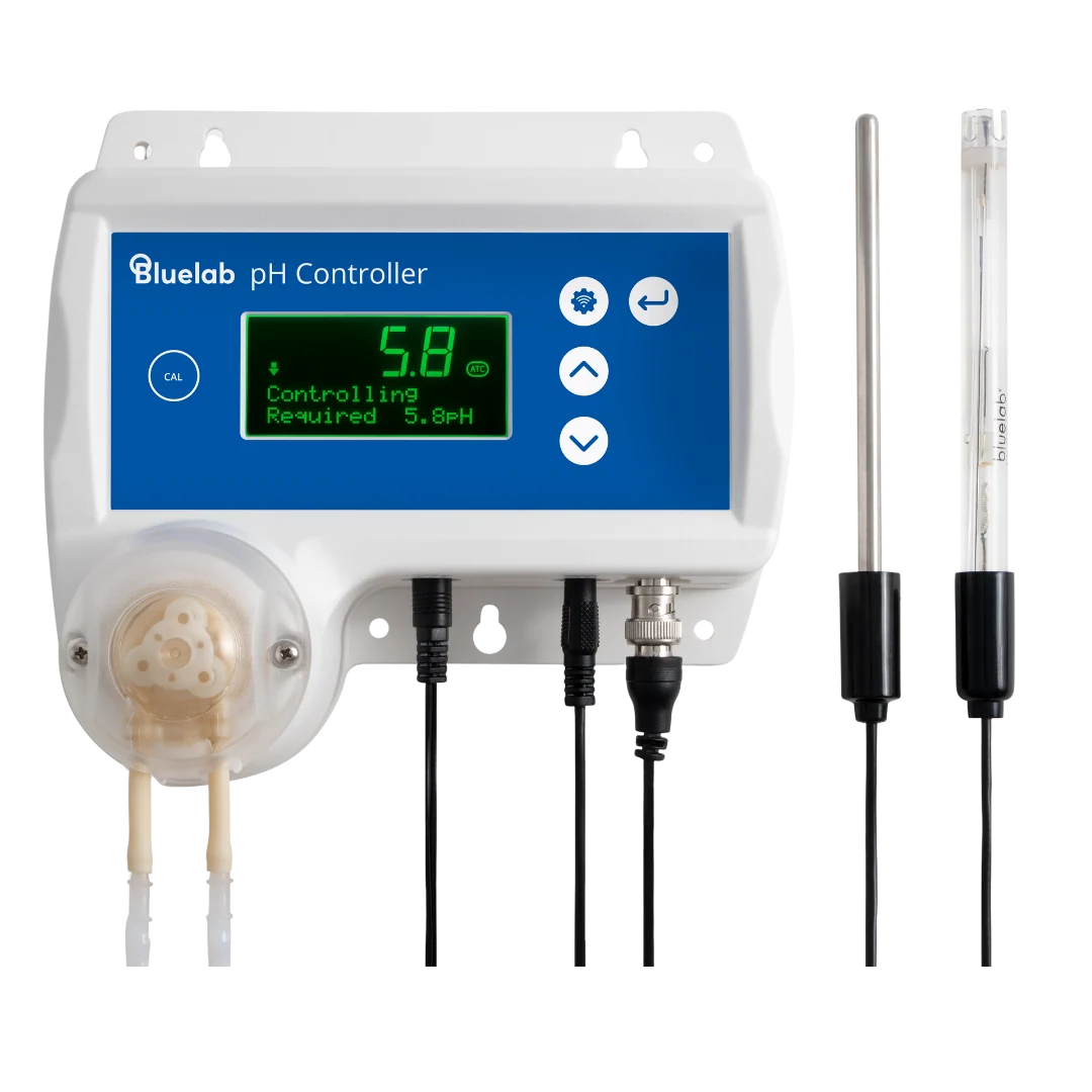 Bluelab pH Controller with Wi-Fi, display showing 5.8 pH, peristaltic pump, and probes.